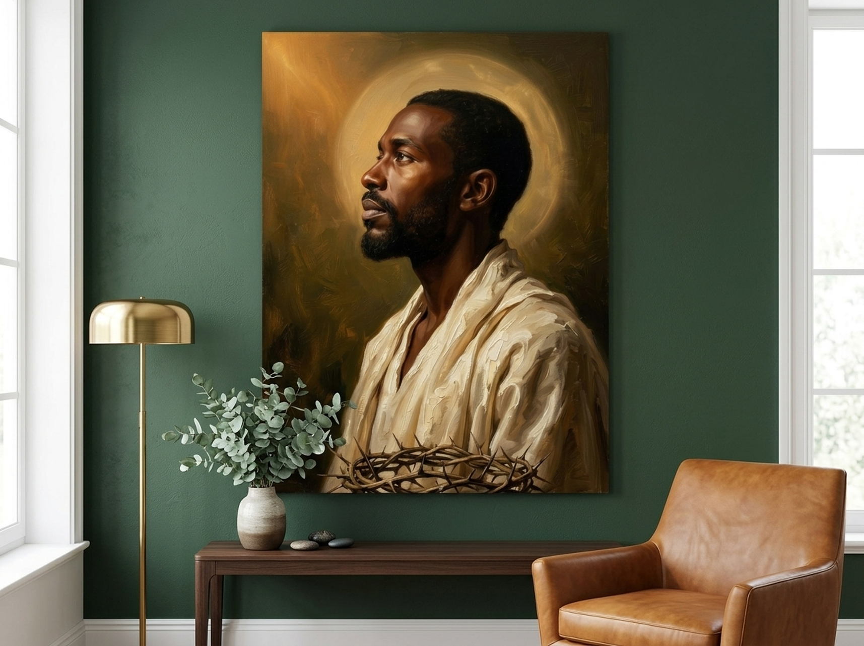 Black Jesus Portrait Canvas Wall Art | Afrocentric Oil Painting Christian Framed Print | Decor