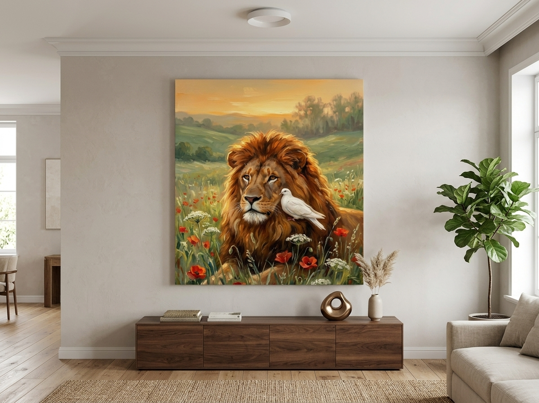 Lion and Dove Canvas Wall Art | Impressionist Christian Framed Print | Faith Peace Decor
