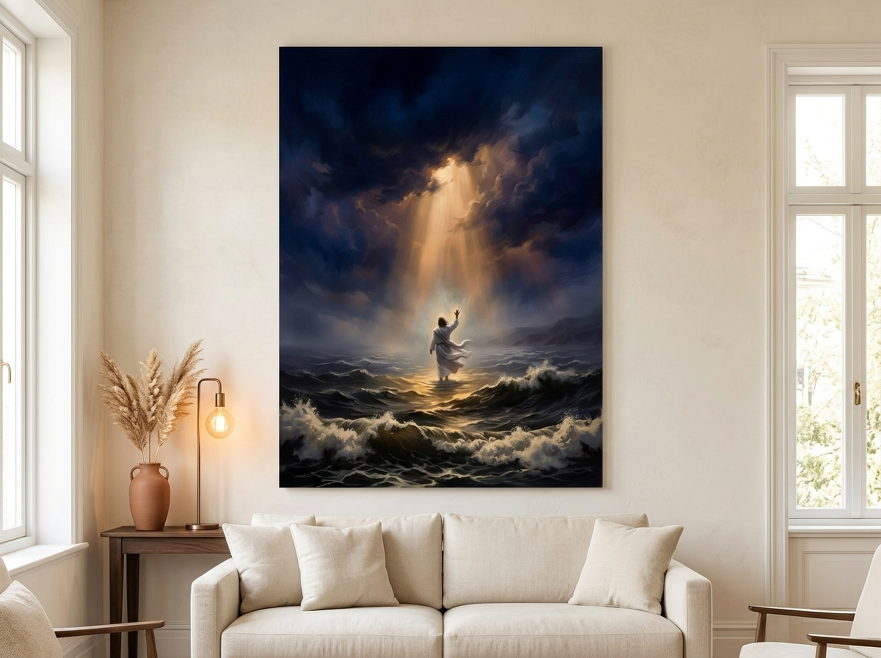Jesus Walking on Water Canvas Wall Art | Cinematic Christian Framed Print | Faith Bedroom Decor