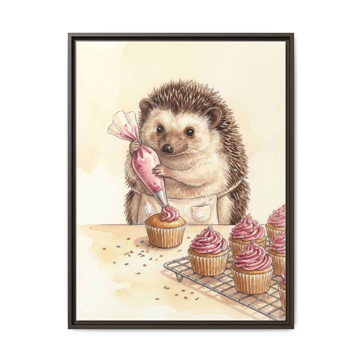 Hedgehog Baking Cupcakes Canvas Wall Art | Watercolor Kitchen Print | Cottage Dining Framed Decor — Thumbnail 3