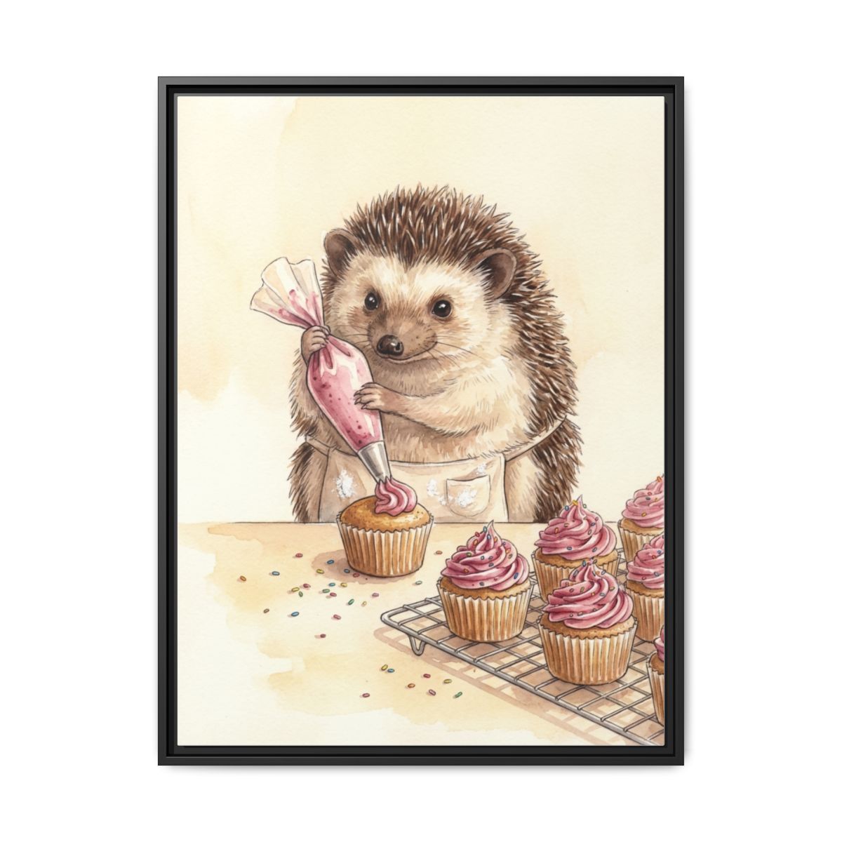Hedgehog Baking Cupcakes Canvas Wall Art | Watercolor Kitchen Print | Cottage Dining Framed Decor — Thumbnail 2