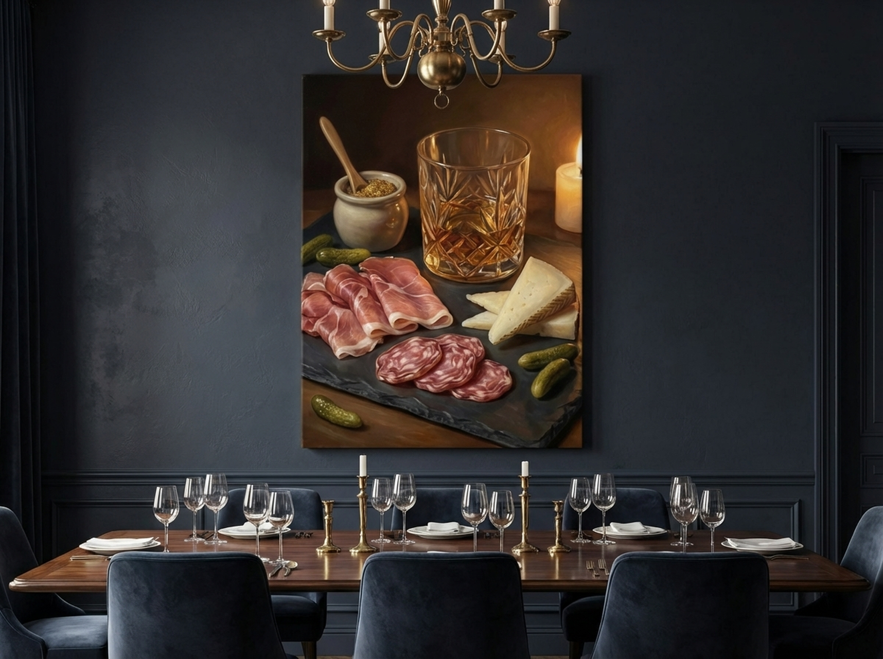 Whiskey and Charcuterie Canvas Wall Art | Classical Still Life Print | Elegant Dining Room Decor — Image 1