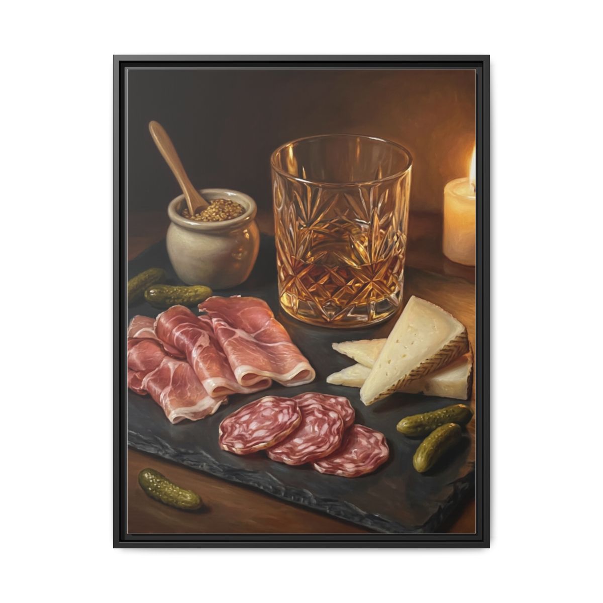 Whiskey and Charcuterie Canvas Wall Art | Classical Still Life Print | Elegant Dining Room Decor — Thumbnail 2