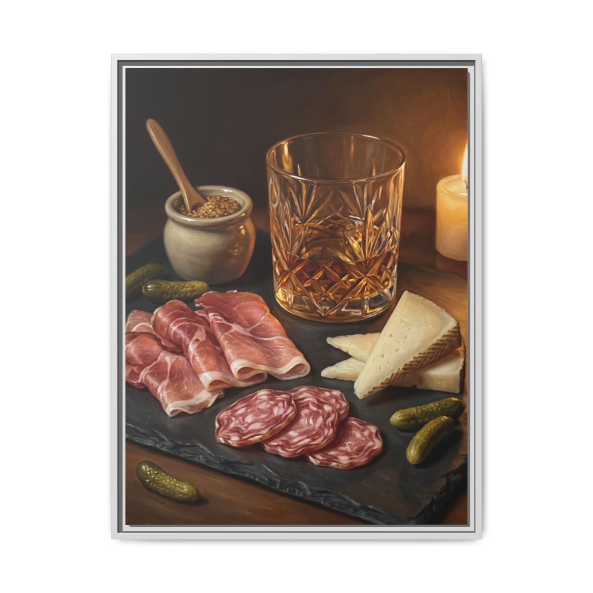 Whiskey and Charcuterie Canvas Wall Art | Classical Still Life Print | Elegant Dining Room Decor — Thumbnail 4