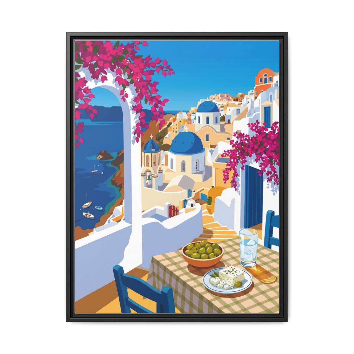 Greek Taverna Canvas Wall Art | Aegean Blue Travel Poster Print | Mediterranean Kitchen Framed Decor — Thumbnail 2