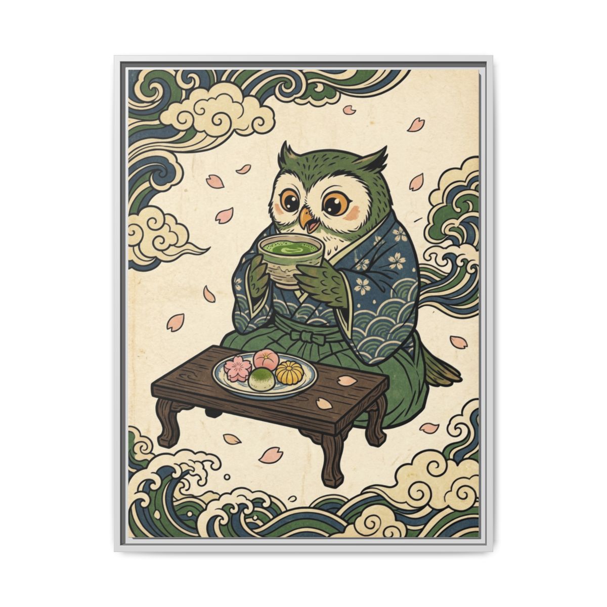 Owl and Matcha Tea Canvas Wall Art | Japanese Ukiyo-e Kitchen Print | Dining Room Framed Decor — Thumbnail 4