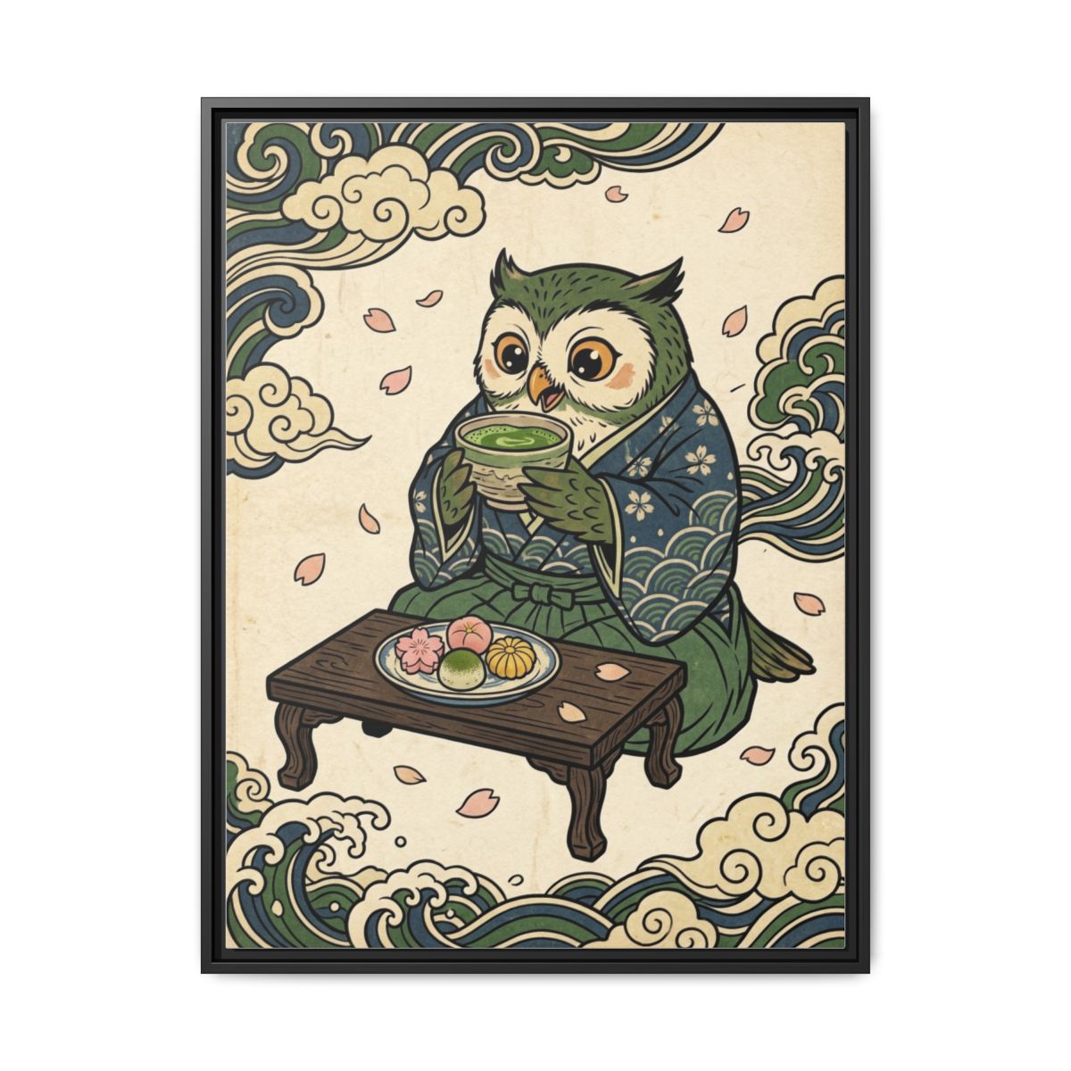 Owl and Matcha Tea Canvas Wall Art | Japanese Ukiyo-e Kitchen Print | Dining Room Framed Decor — Thumbnail 2