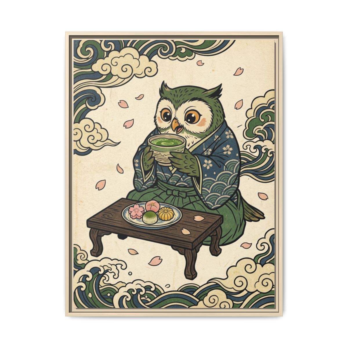 Owl and Matcha Tea Canvas Wall Art | Japanese Ukiyo-e Kitchen Print | Dining Room Framed Decor — Thumbnail 5