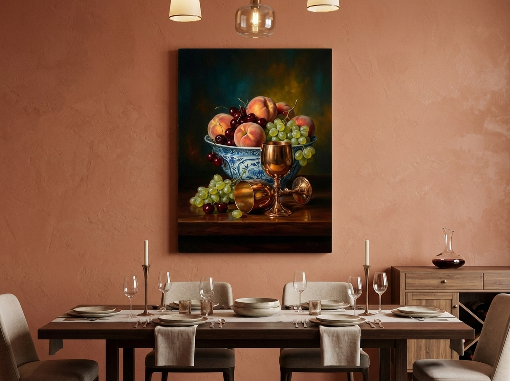Peaches and Cherries Still Life Canvas Wall Art | Dutch Golden Age Print | Elegant Dining Room Decor
