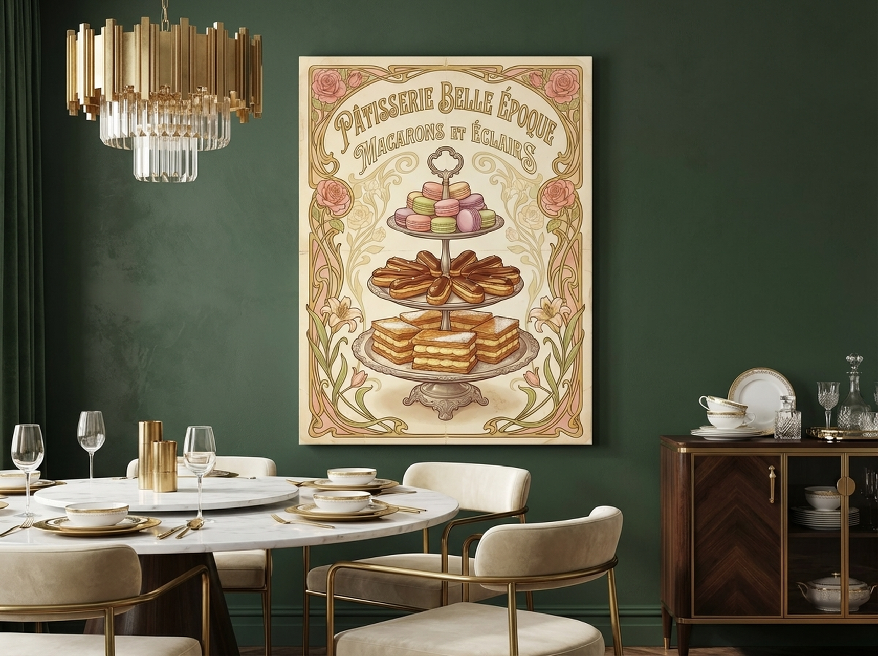 French Patisserie Canvas Wall Art | Art Nouveau Kitchen Print | Elegant Dining Room Framed Decor