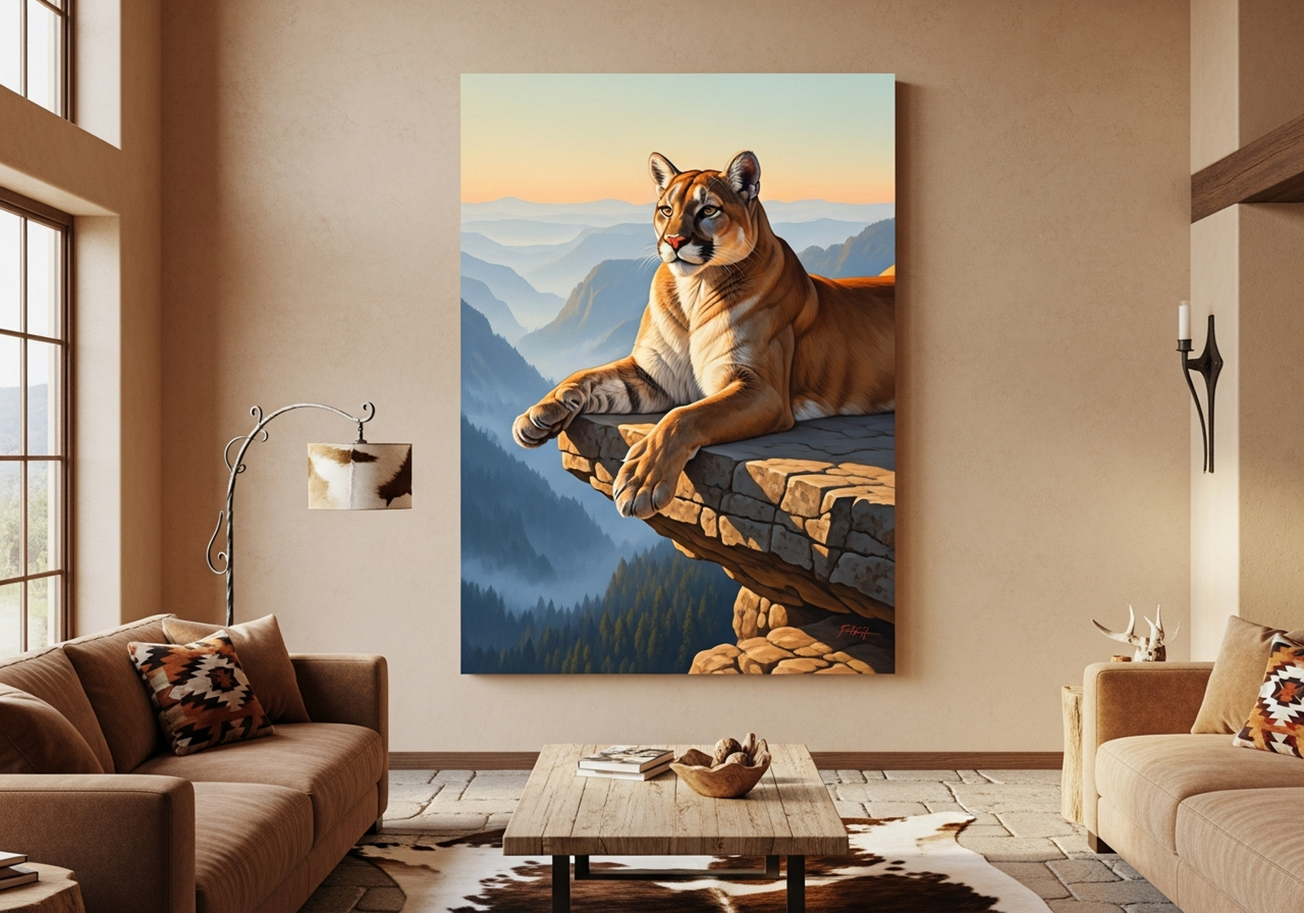 Mountain lion cougar wildlife painting canvas wall art in western tawny gold tones for living room decor