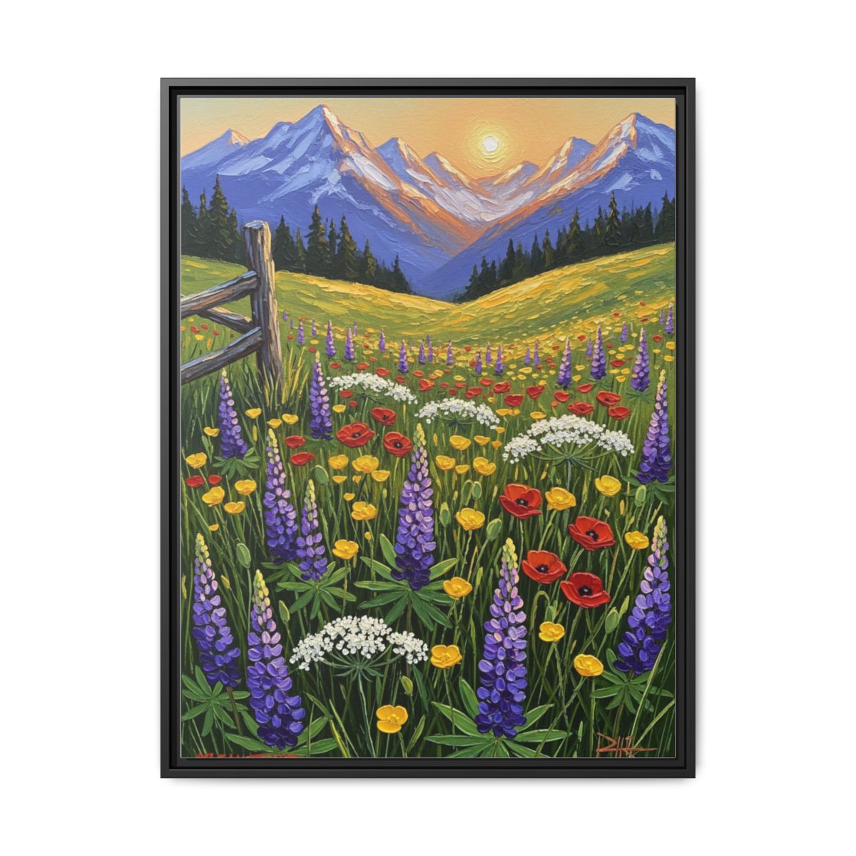 Wildflower Meadow canvas wall art with purple and gold mountain landscape displayed above a sofa in a cozy living room