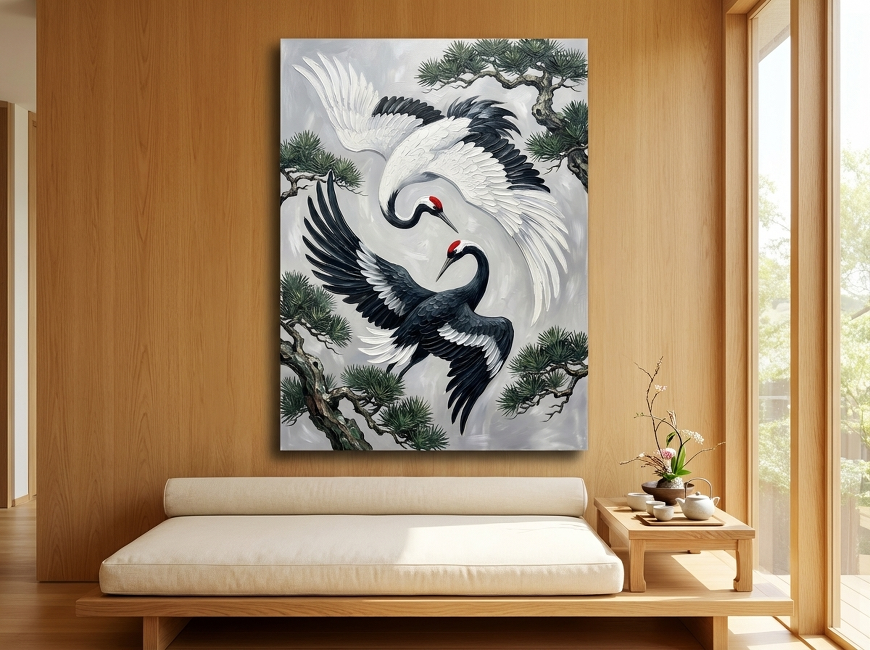 Yin Yang Cranes Canvas Wall Art | Japanese Ink Painting Print | Black White Red Zen Decor | Balance Harmony Art | Living Room Decor