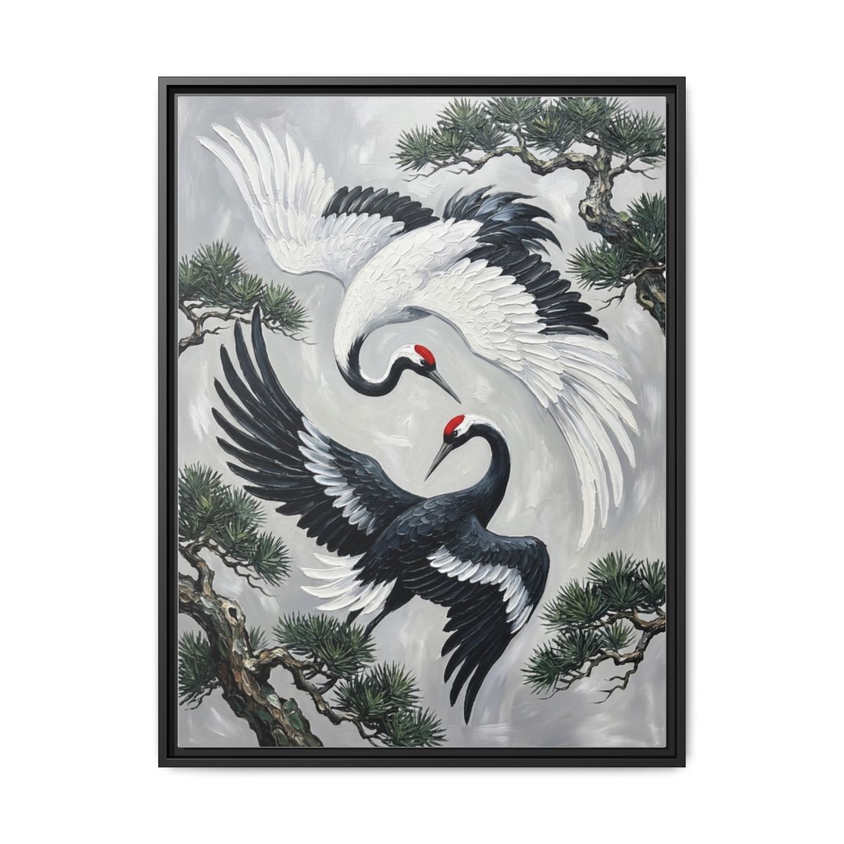 Yin Yang Cranes canvas wall art in Japanese ink painting style with black white and red zen decor displayed in a living room