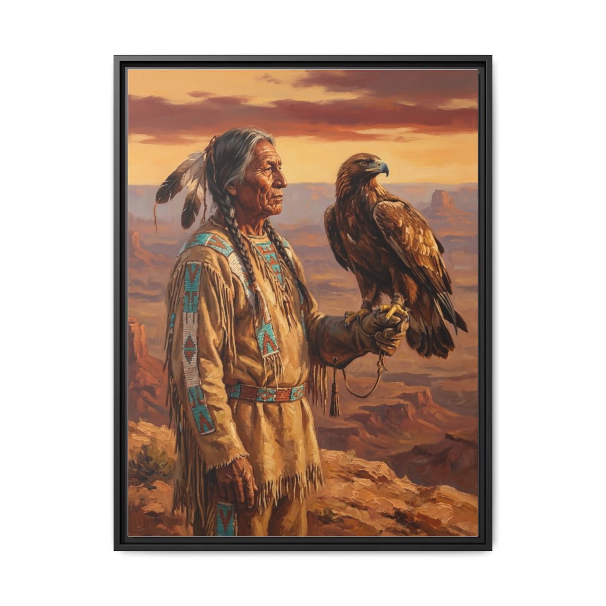 Native American Elder Canvas Wall Art | Eagle Spirit Oil Painting Print | Amber Terracotta Cultural Decor | Heritage Art | Living Room Decor - alternate view