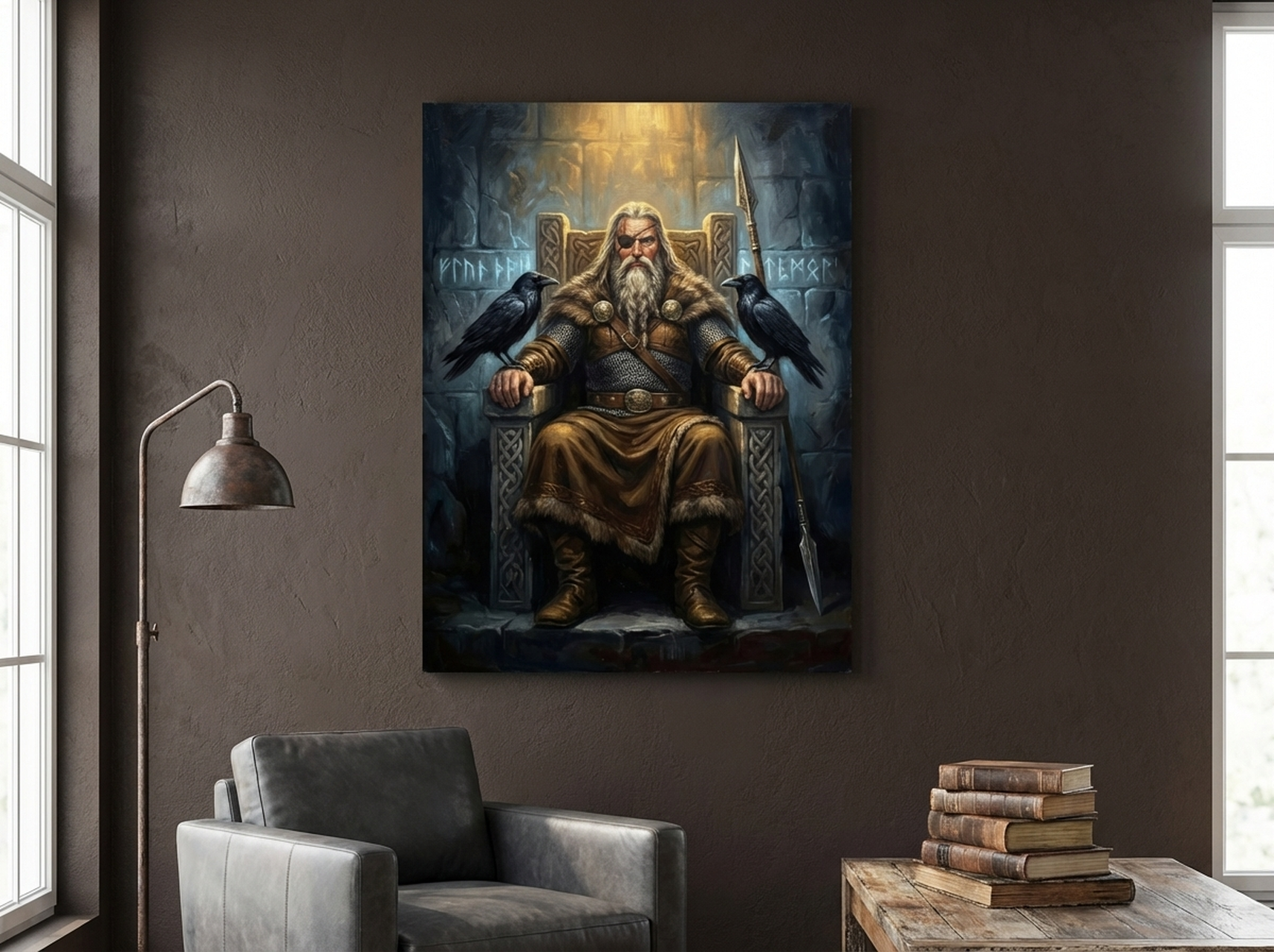 Odin Norse God Canvas Wall Art | Viking Mythology Oil Painting Print | Storm Grey Raven Decor | Dark Dramatic Art | Living Room Decor