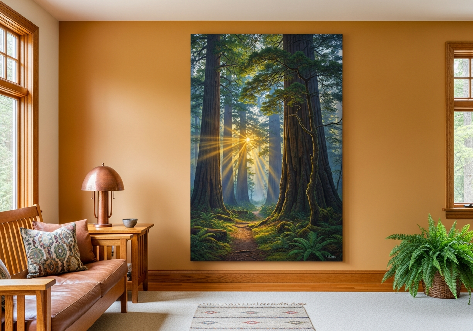 Sunbeam forest oil painting canvas wall art with golden light through old growth redwood trees for nature decor