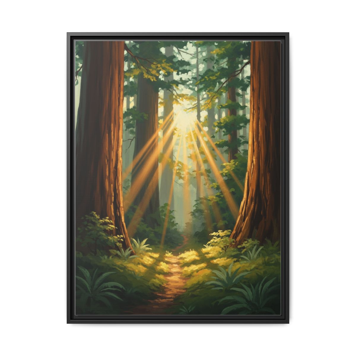 Sunbeam Forest canvas wall art displayed above a modern living room sofa showing ideal placement height and proportions