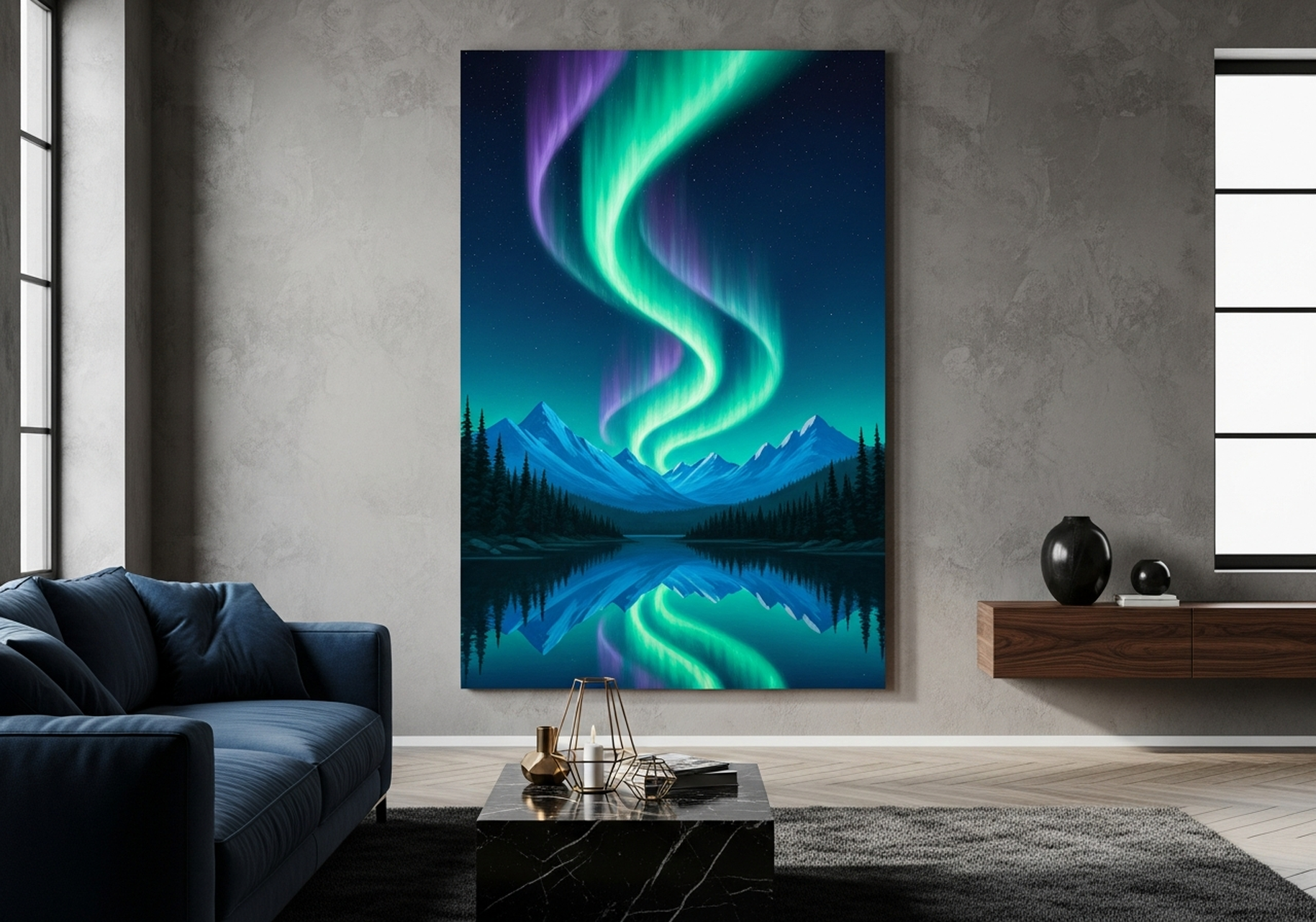 Northern lights aurora borealis canvas wall art with turquoise purple and navy reflecting on a mountain lake