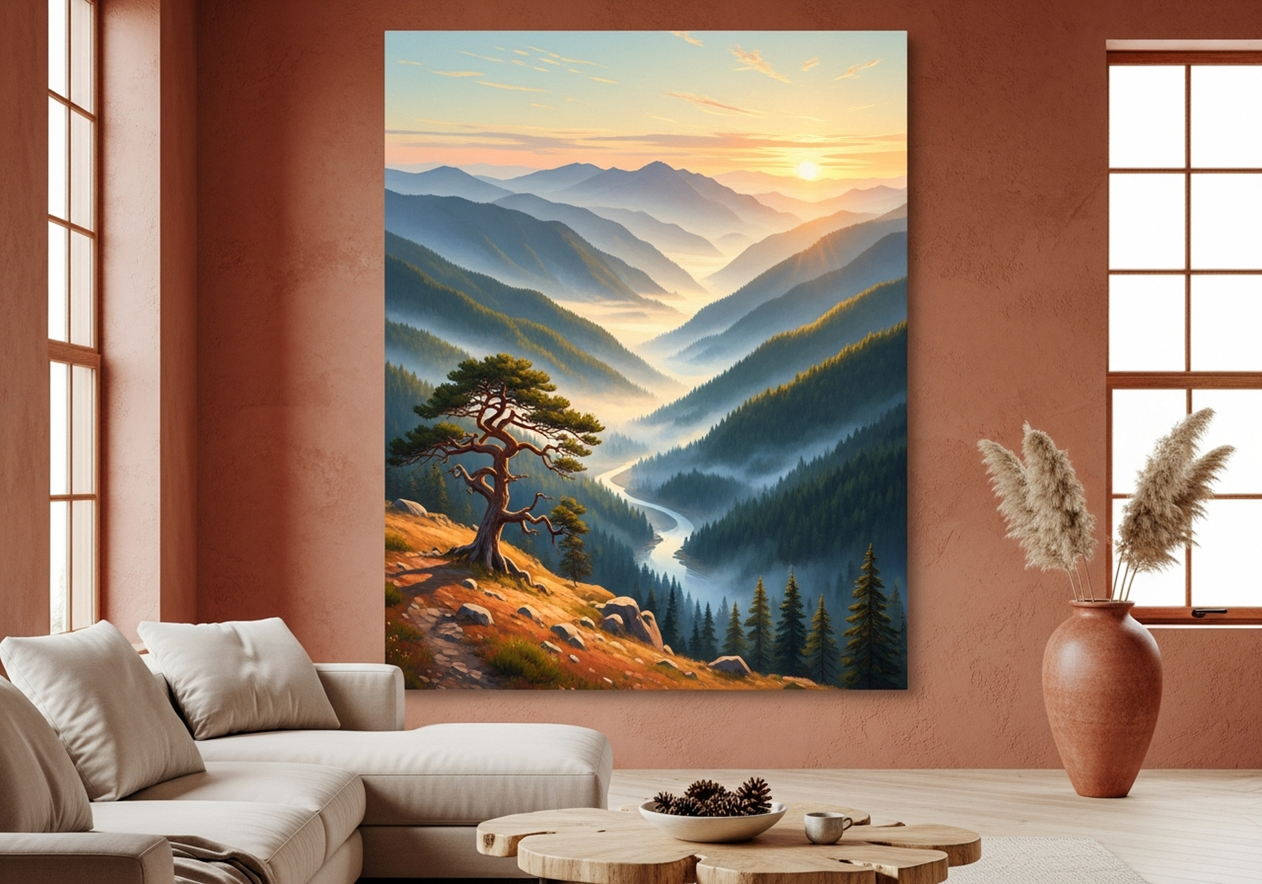 Misty Mountain Valley Sunrise Landscape Canvas Wall Art