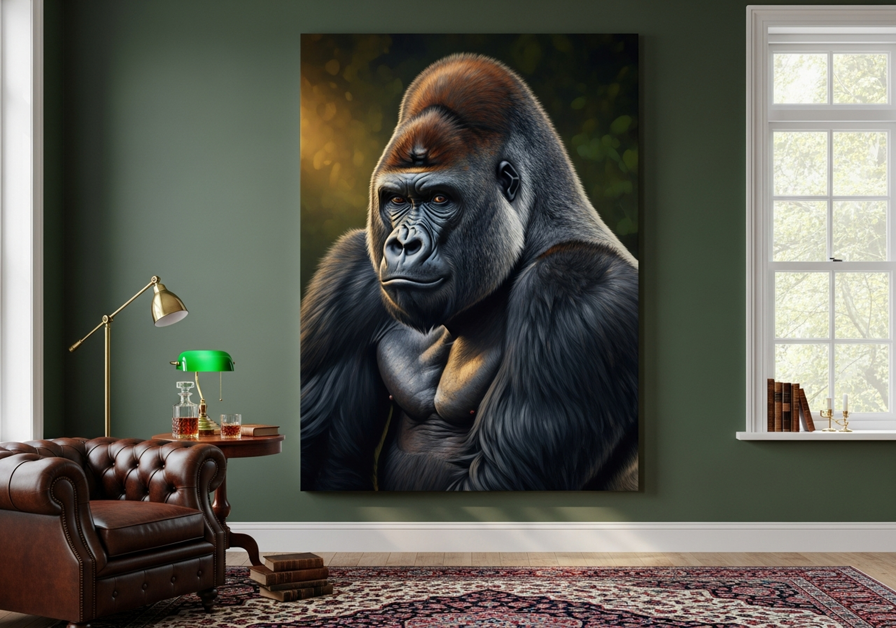 Silverback gorilla portrait oil painting canvas wall art in dark moody tones for library den or office decor