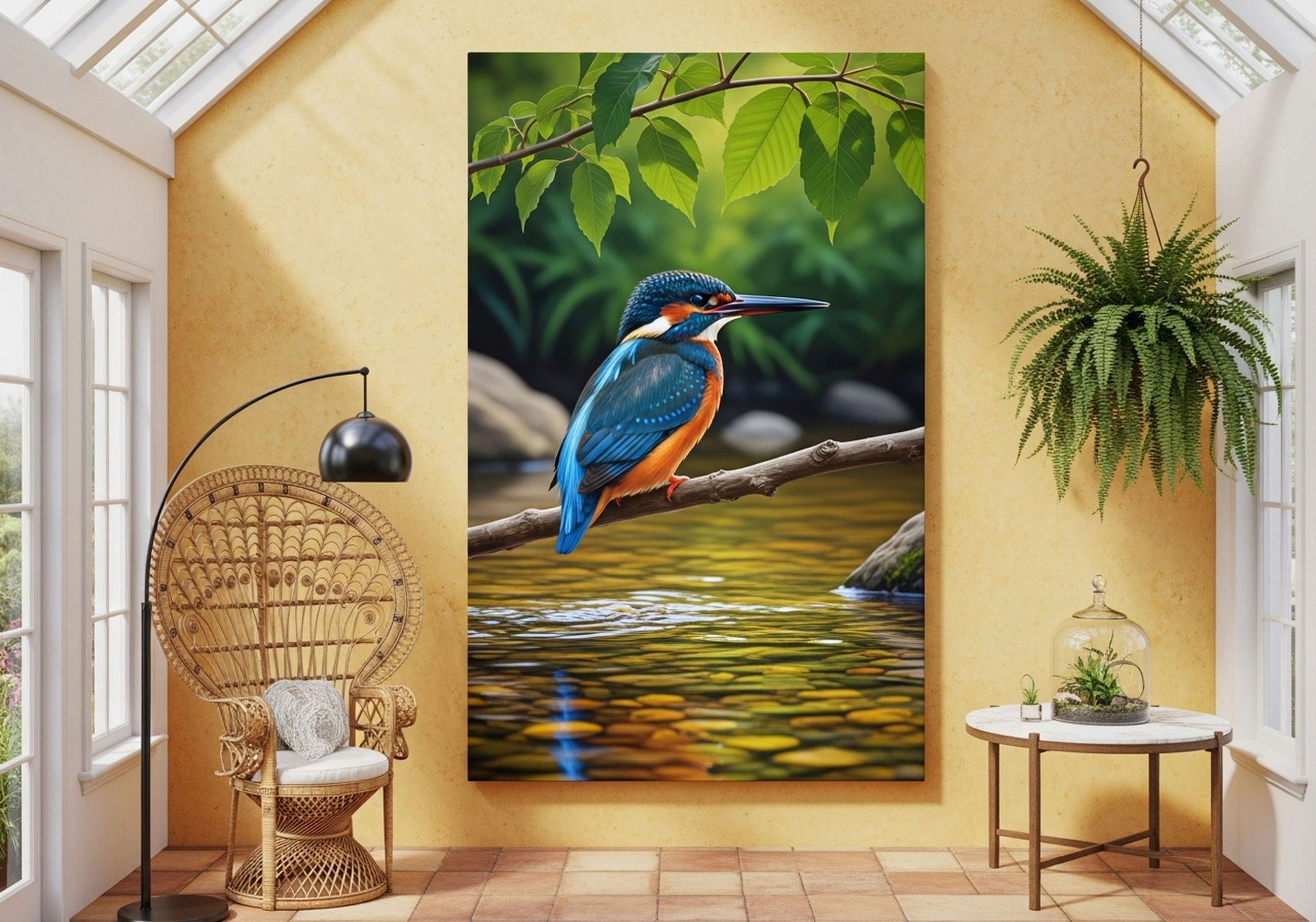Kingfisher canvas wall art river bird painting for garden room or nature-themed Mediterranean interior