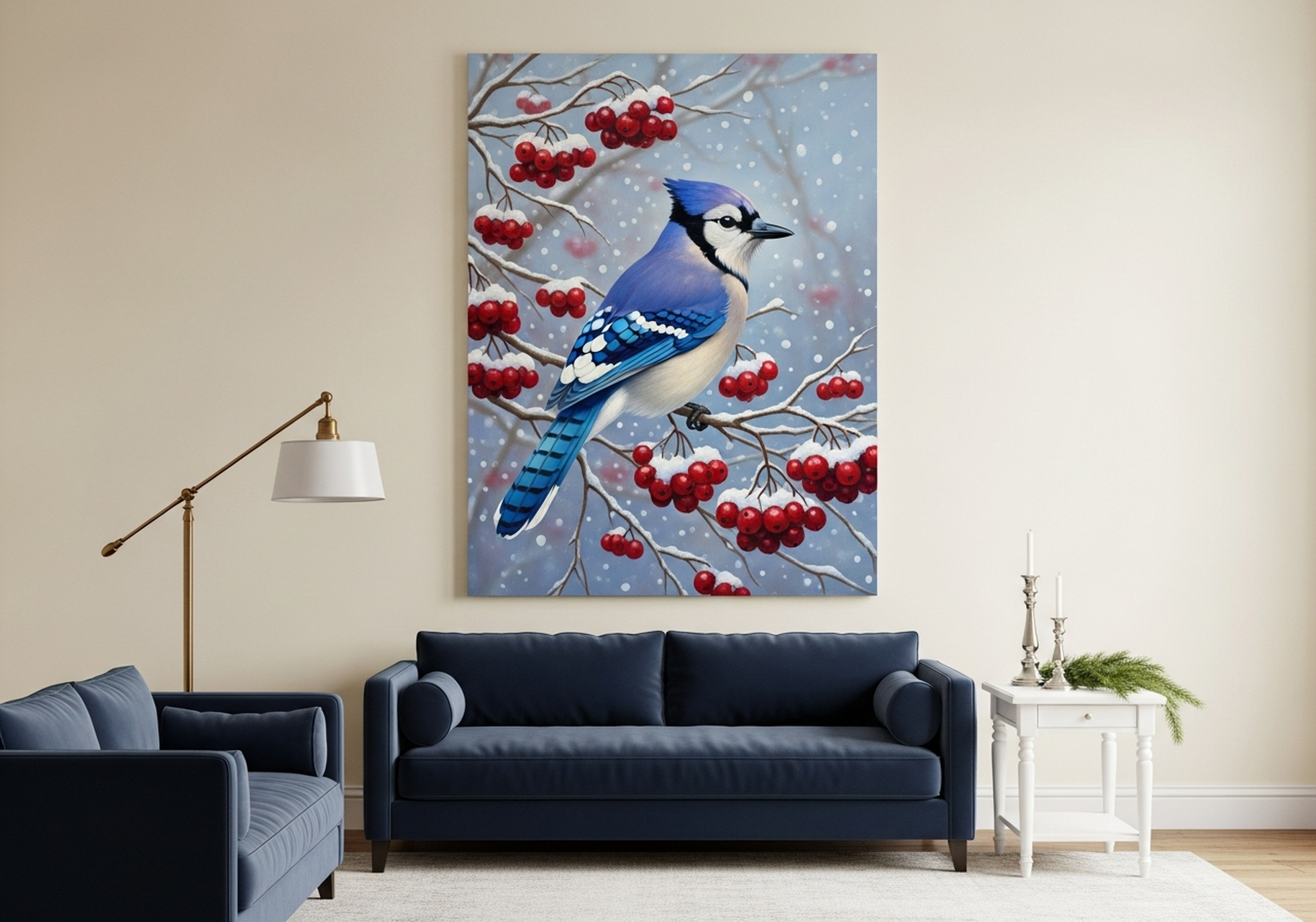 Blue Jay Canvas Wall Art | Winter Berry Oil Painting Framed Print | Living Room Nature Decor | Bird Art Gift