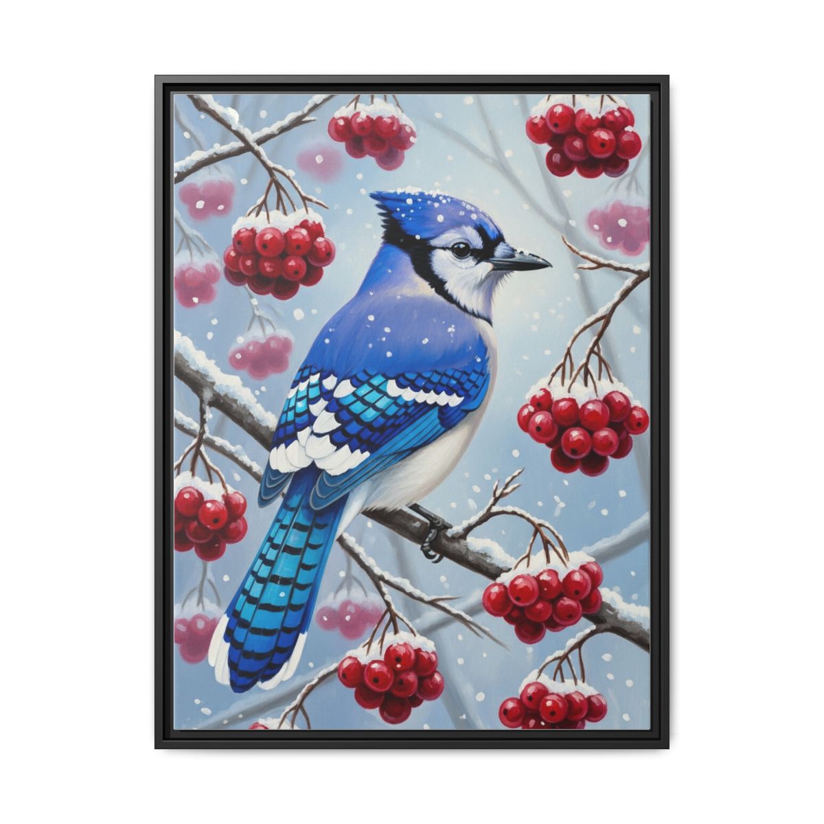 Blue Jay Canvas Wall Art | Winter Berry Oil Painting Framed Print | Living Room Nature Decor | Bird Art Gift - alternate view