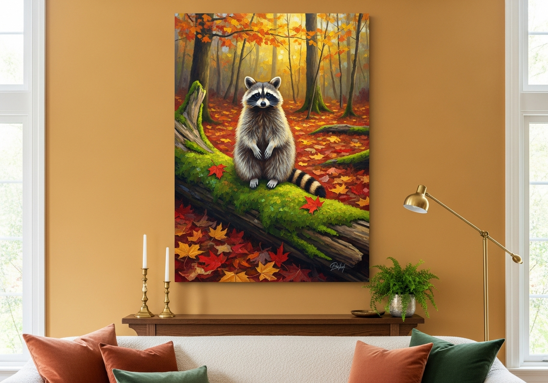 Raccoon Canvas Wall Art showing a detailed raccoon portrait surrounded by autumn woodland foliage in warm oil painting tones