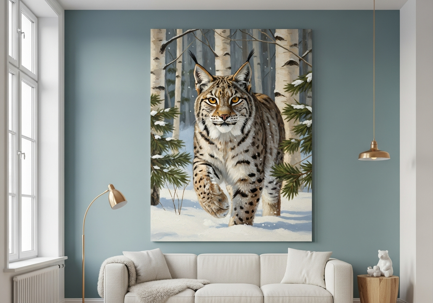 Lynx canvas wall art in winter birch forest with warm beige and ivory earth tones