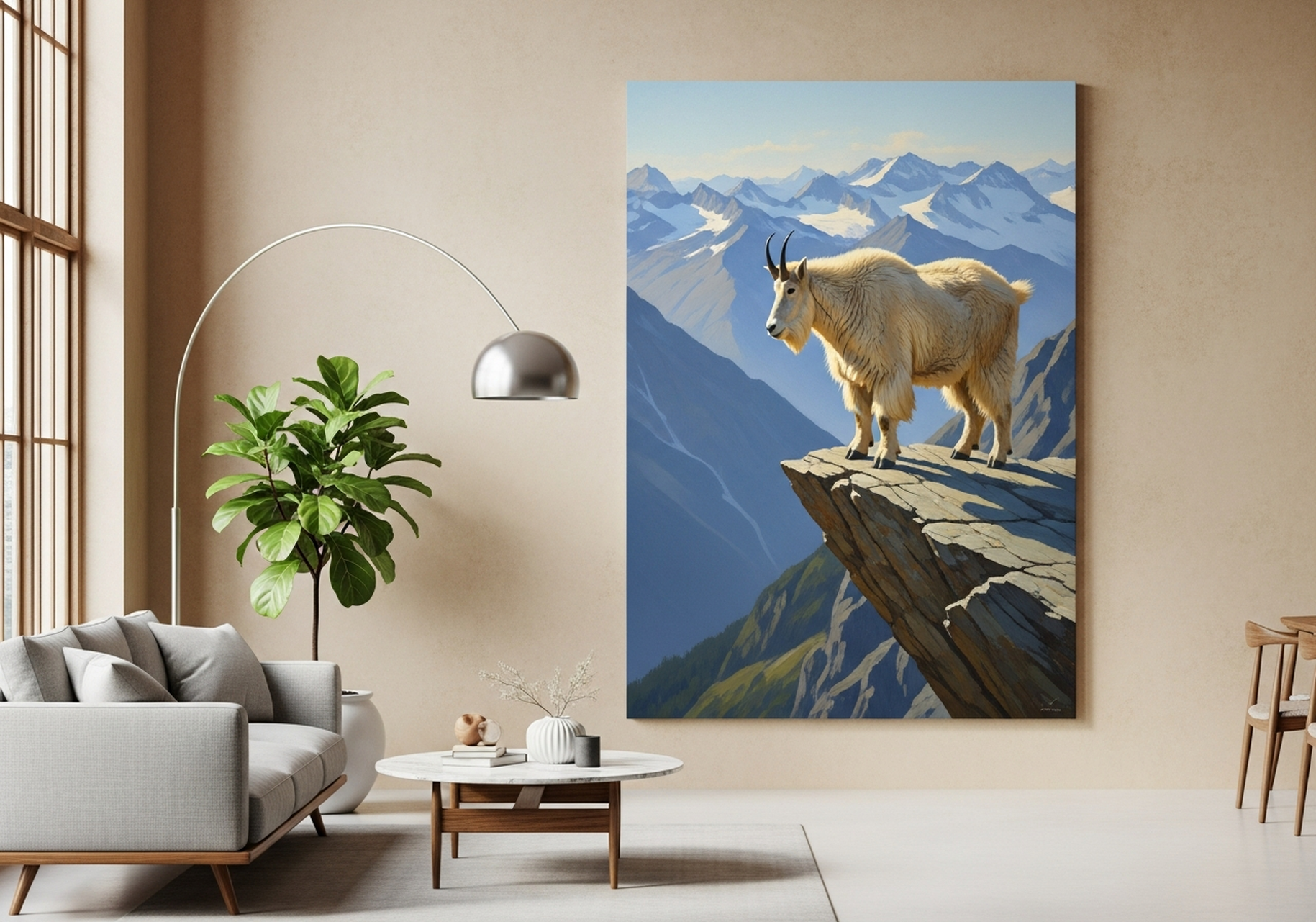 Mountain Goat Canvas Wall Art | Alpine Cliff Painting Framed Print | Living Room Nature Decor | Adventure Lover Gift