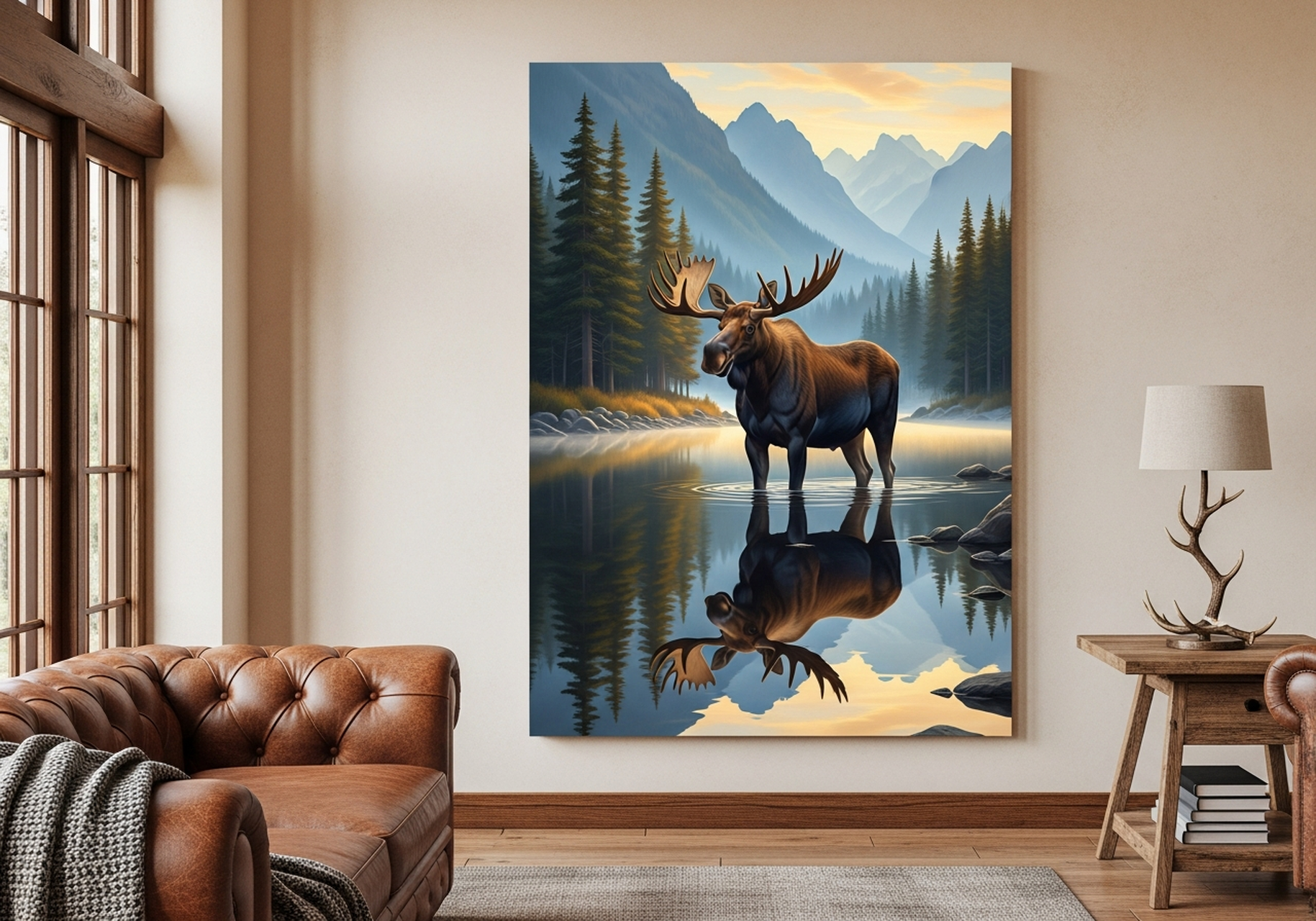Moose Canvas Wall Art | Mountain Lake Oil Painting Framed Print | Cabin Lodge Living Room Decor | Wildlife Lover Gift