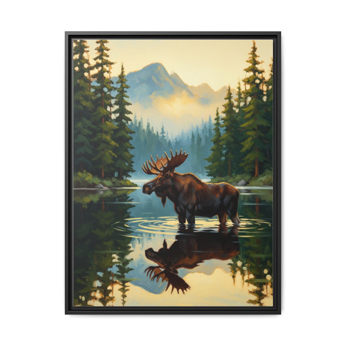 Moose Canvas Wall Art | Mountain Lake Oil Painting Framed Print | Cabin Lodge Living Room Decor | Wildlife Lover Gift - alternate view