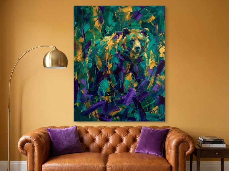 Abstract grizzly bear canvas wall art in emerald green and gold tones, framed and ready to hang