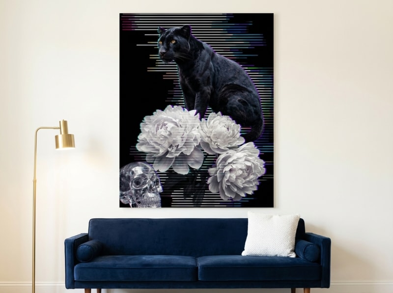 Black panther glitch art canvas print with cyan, dark florals, and gothic vaporwave style