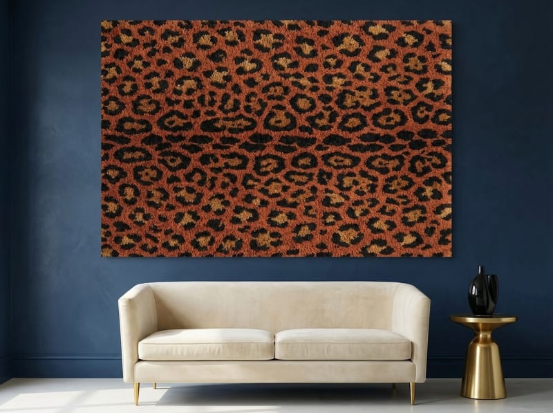 Leopard print canvas wall art in terracotta and gold tones, bold maximalist abstract decor