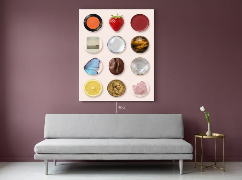 Blush pink curated objects collage canvas print, maximalist aesthetic gallery wall art