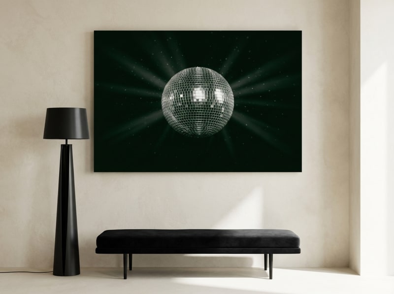 Disco ball canvas print on dark forest green background, moody glam photography art