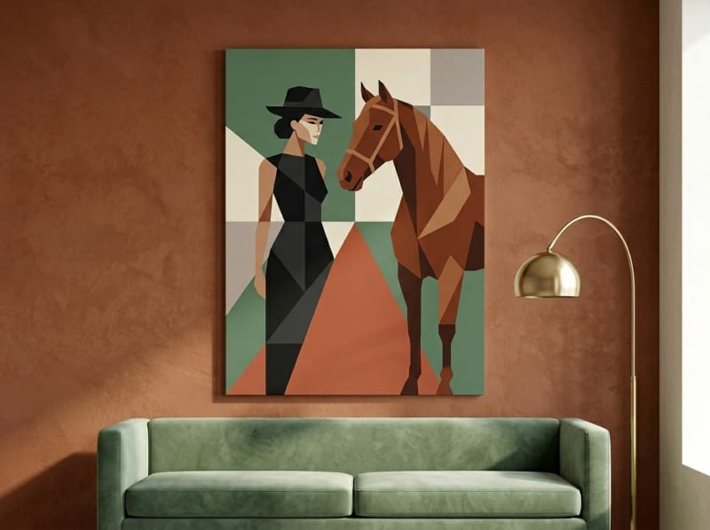 Woman and Horse geometric canvas wall art in sage and terracotta colour blocks with abstract figurative style for bedroom or living room