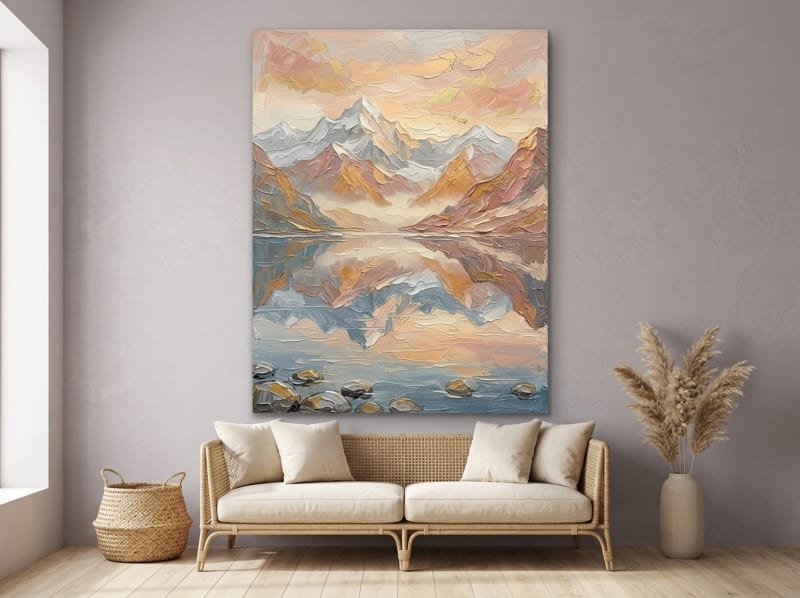 Alpine Mountain impasto canvas wall art with peach and gold tones showing mountain reflections in water for living room decor