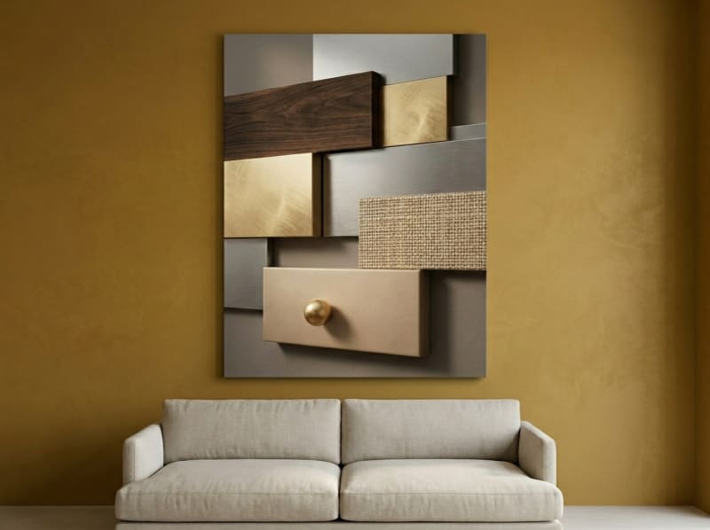 Geometric Texture Panels canvas wall art featuring walnut and gold abstract patterns in a modern living room setting