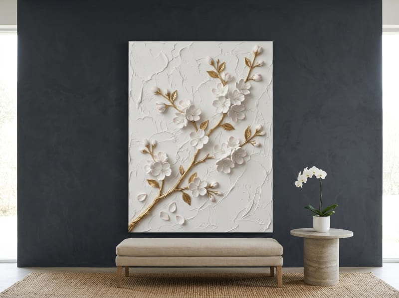 cherry blossom sculptural relief canvas wall art with white and gold tones for staircase gallery wall display