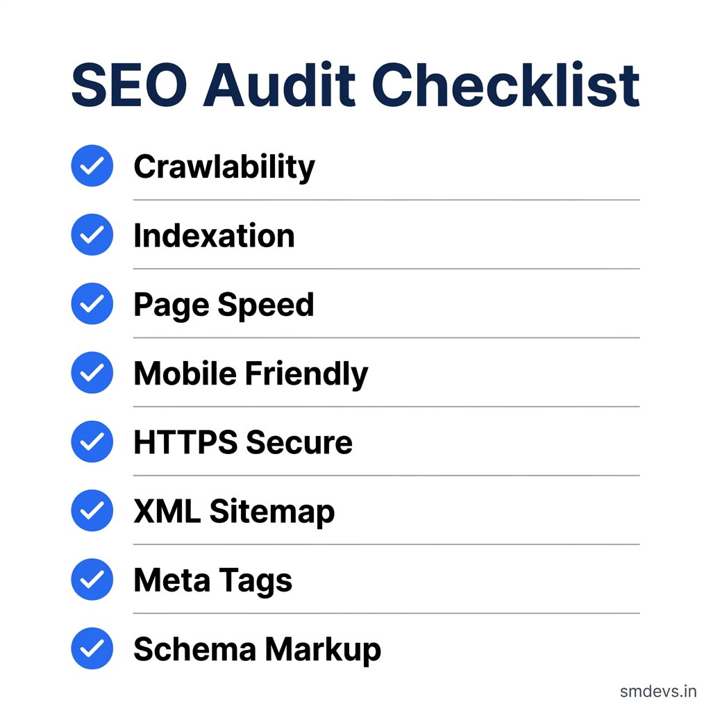 SEO Audit Checklist infographic showing 8 key checkpoints: crawlability, indexation, page speed, mobile friendliness, HTTPS, XML sitemap, meta tags, and schema markup