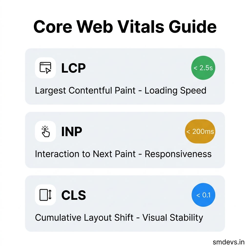 Core Web Vitals guide infographic showing LCP under 2.5s, INP under 200ms, and CLS under 0.1 with Good, Needs Improvement, and Poor thresholds