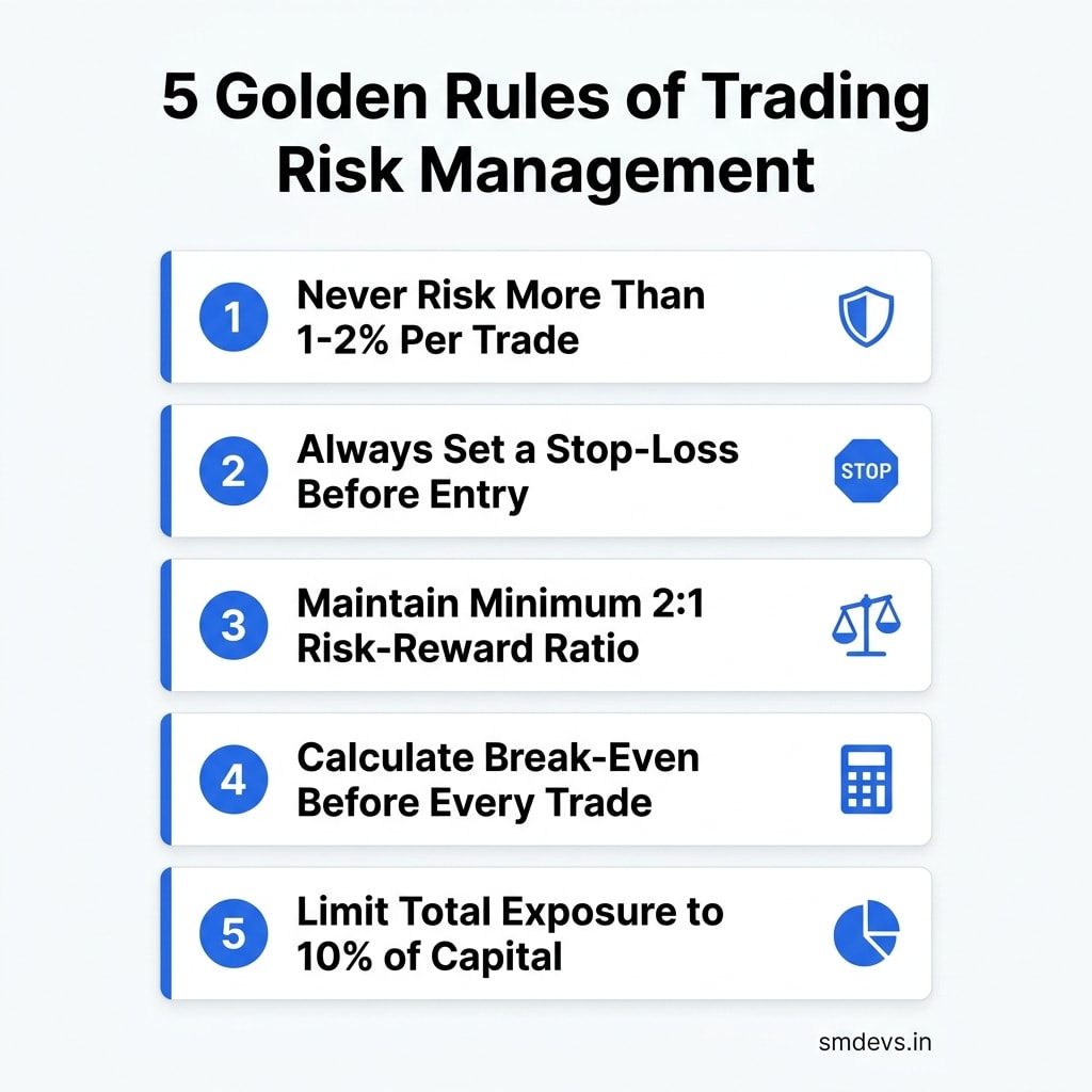 5 Golden Rules of Trading Risk Management infographic — never risk more than 2% per trade, always set a stop-loss, maintain 2:1 risk-reward, calculate break-even, limit total exposure to 10%