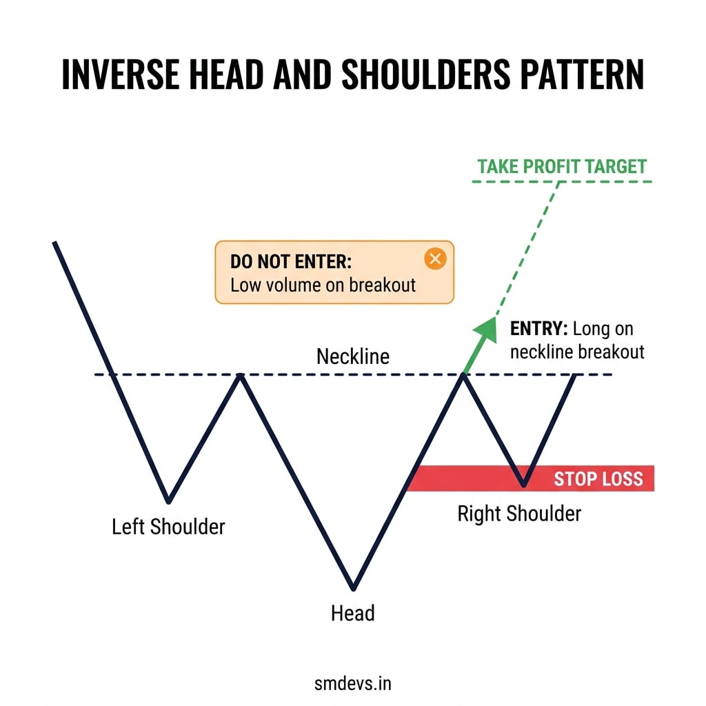 Inverse Head and Shoulders chart pattern infographic showing three troughs, neckline, entry point on breakout, stop loss below right shoulder, and take profit measured move