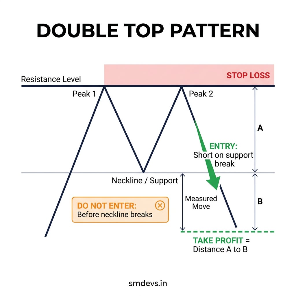 Double Top chart pattern infographic showing two peaks at resistance, neckline support, entry on breakdown, stop loss, and take profit target