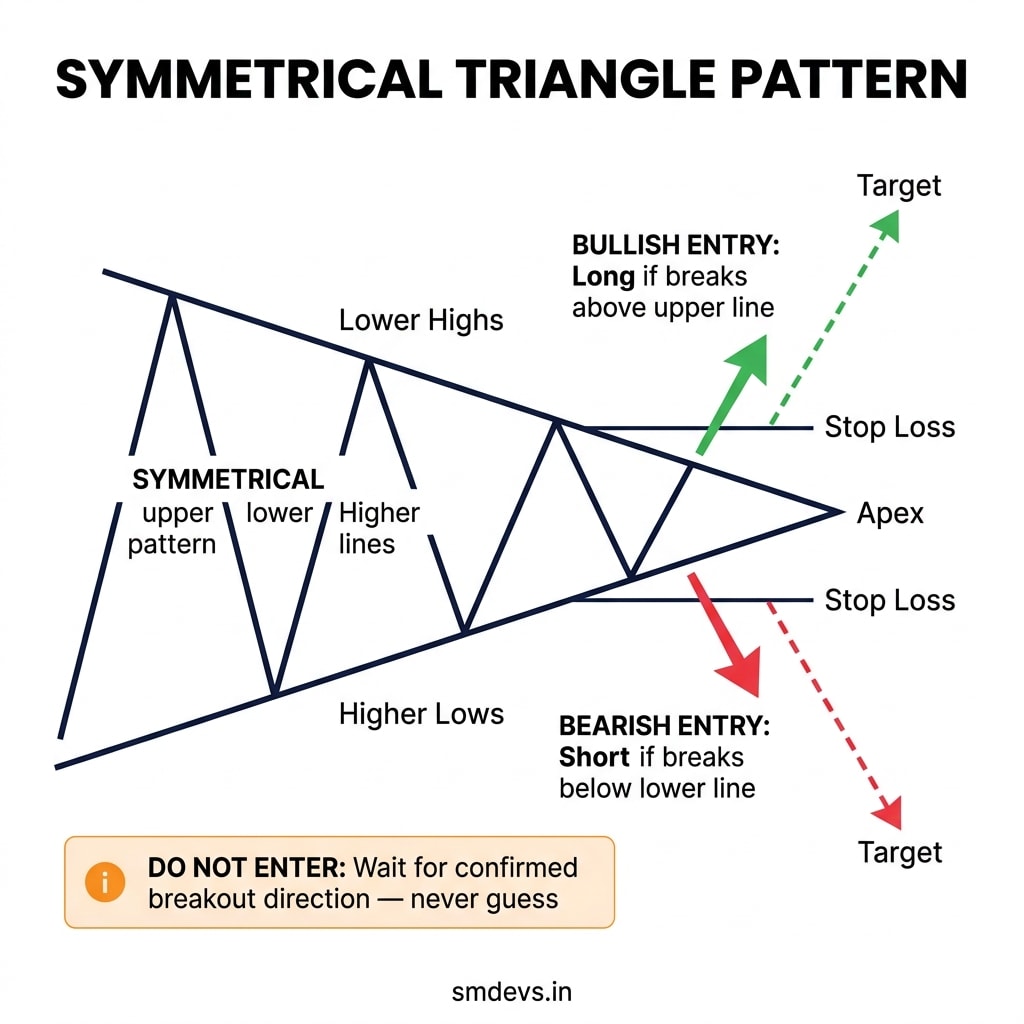 Symmetrical Triangle chart pattern infographic showing converging trendlines, bullish and bearish breakout entries, stop loss on opposite trendline, and measured move targets