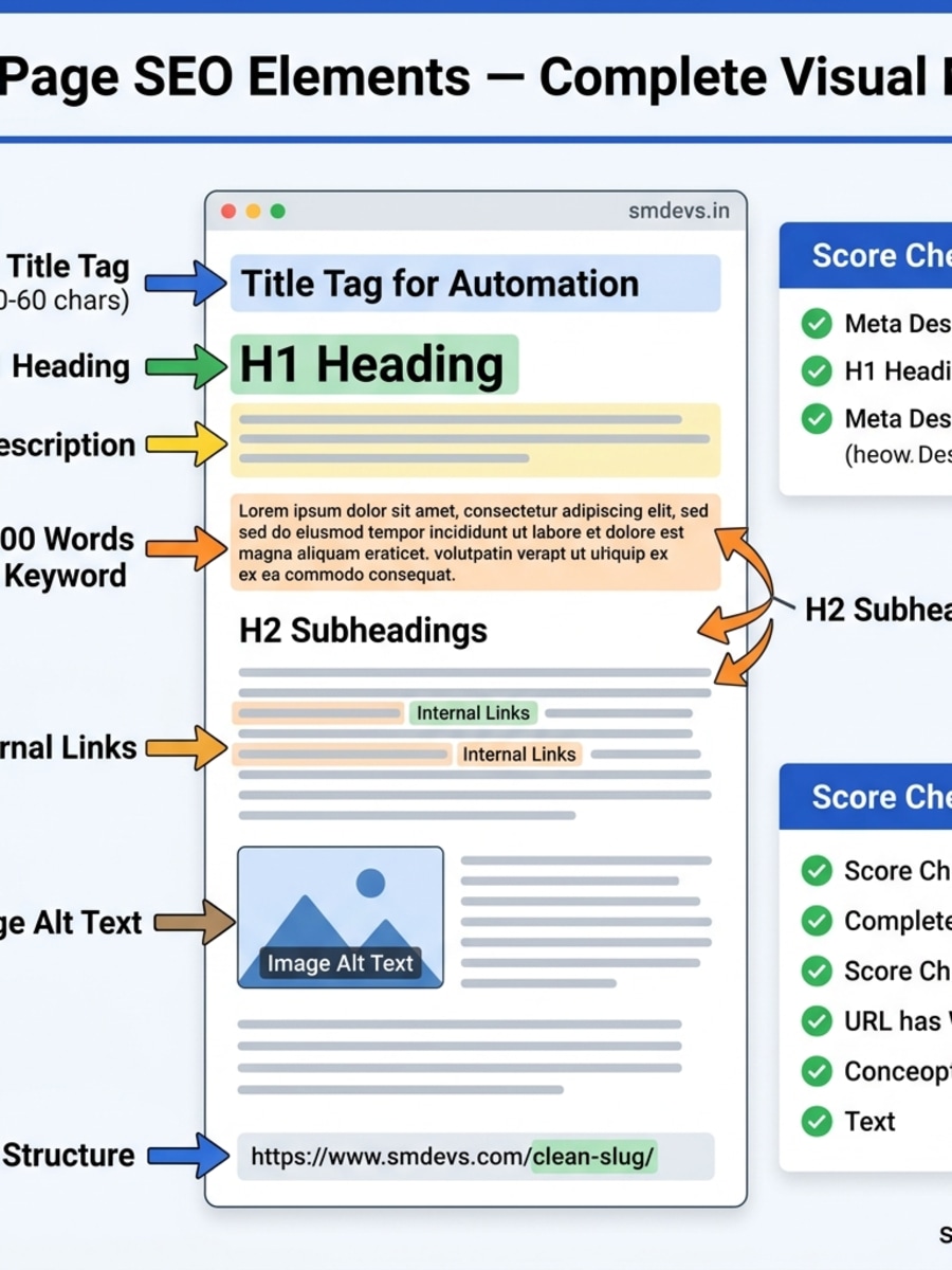On-page SEO elements infographic showing a webpage wireframe with labeled callout arrows pointing to title tag, H1, meta description, keyword placement, H2 headings, internal links, image alt text, and URL