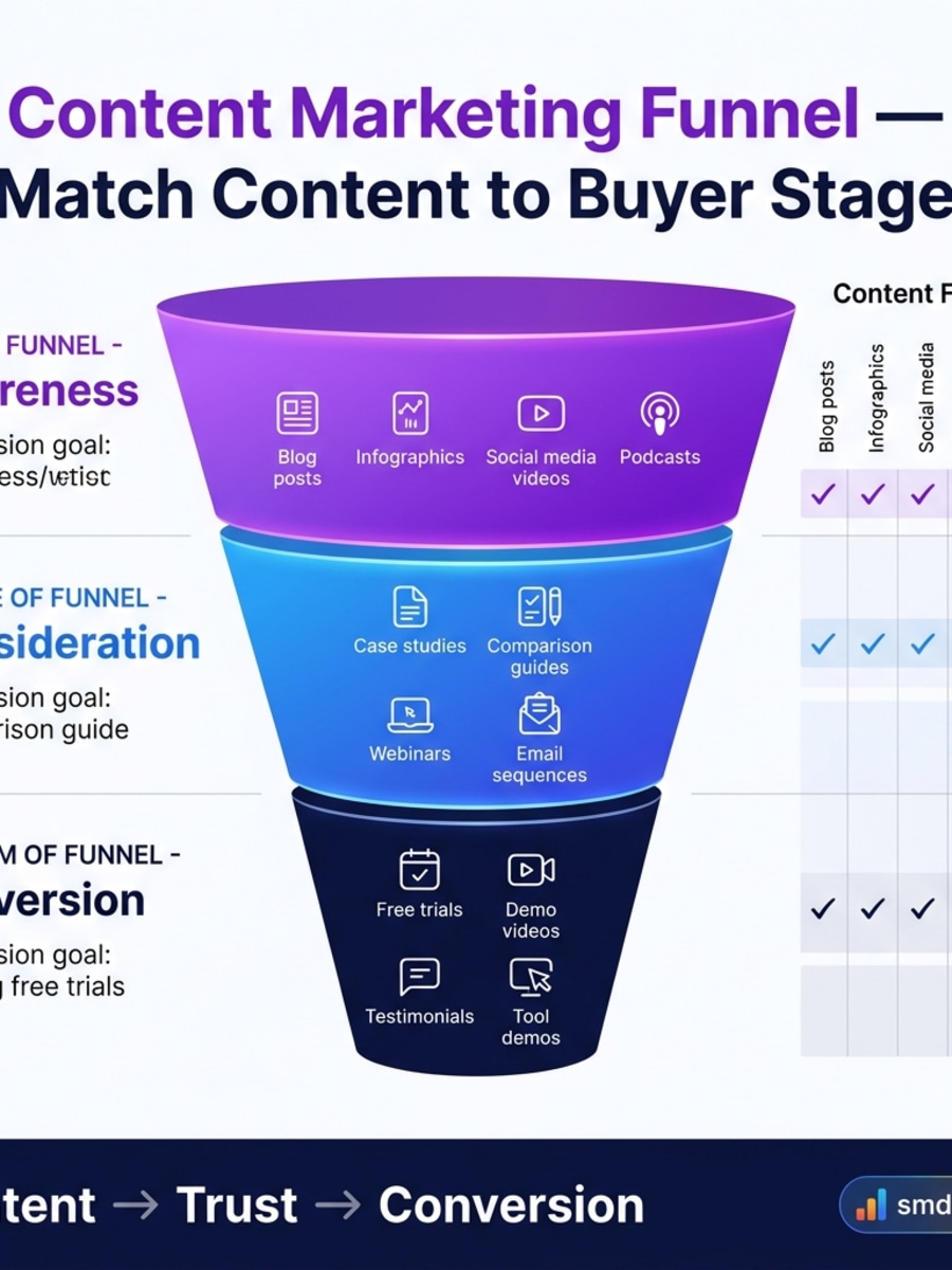 Content marketing funnel infographic showing three stages: Top of Funnel awareness with blogs and infographics, Middle of Funnel consideration with case studies and webinars, Bottom of Funnel conversion with demos and testimonials